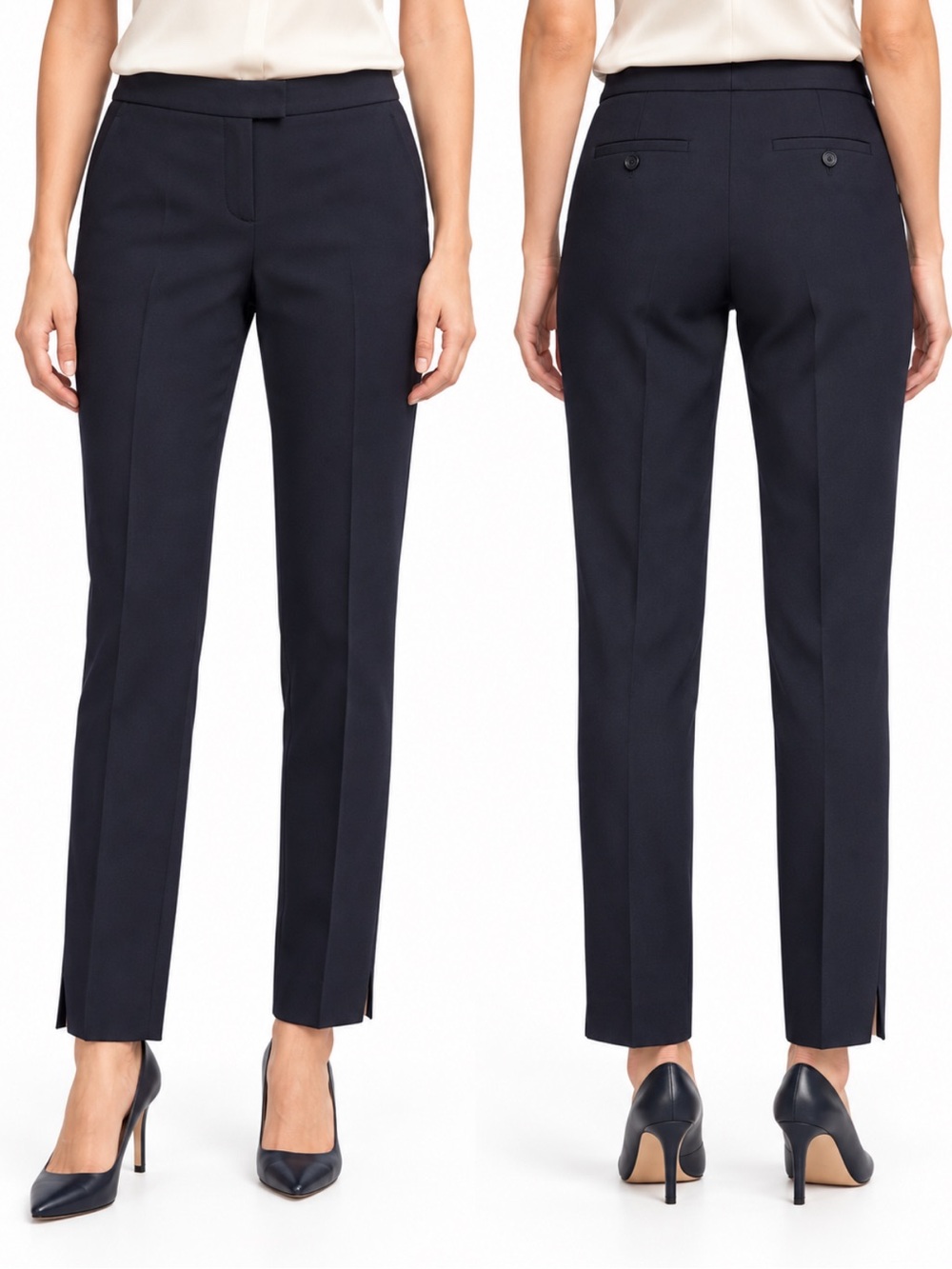 Theory Navy Virgin Wool Stretch Slim Straight-Leg Side Slit Pants 6 Office Chic